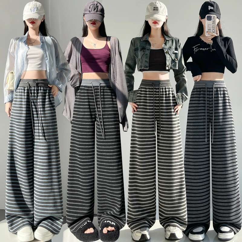 

Korean style Striped Wide Leg Pants for Women, Spring High Waist Drawstring Knit Trousers, Loose Fit Floor-Length Casual Pants