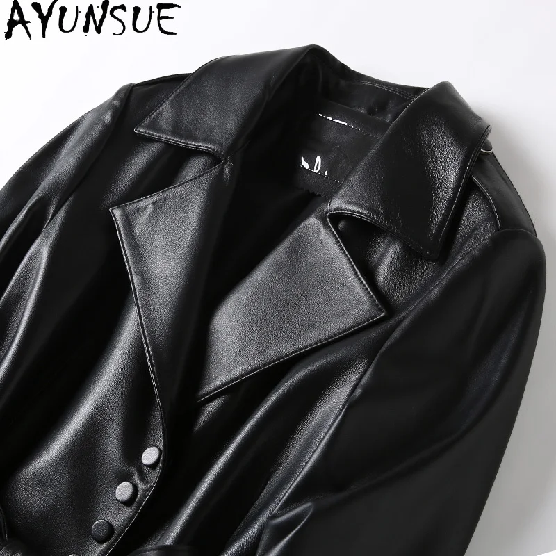 Yunsue-Chaqueta de piel de oveja auténtica para mujer, abrigo largo de lujo, gabardina ajustada, color negro, Otoño, 2024