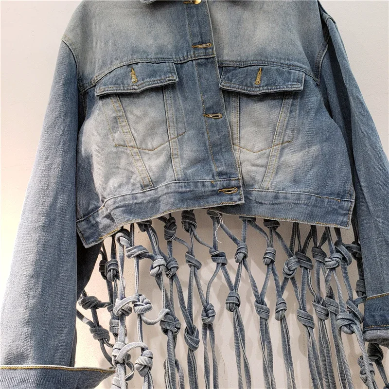 Spring Women Vintage Blue Short Denim Coat Back Cowboy Tassel Hollow Out Design Loose Streetwear Lapel Long Sleeve Jeans Jacket - Image 6