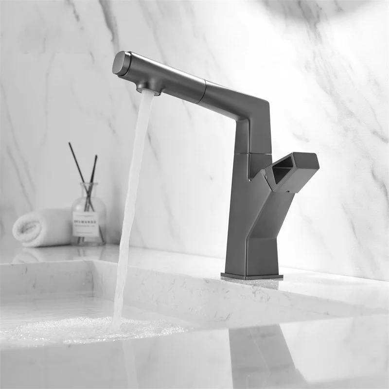 Bathroom gun gray washbasin faucet hot and cold water pull belt lifting rotary telescopic bathroom basin washbasin faucet