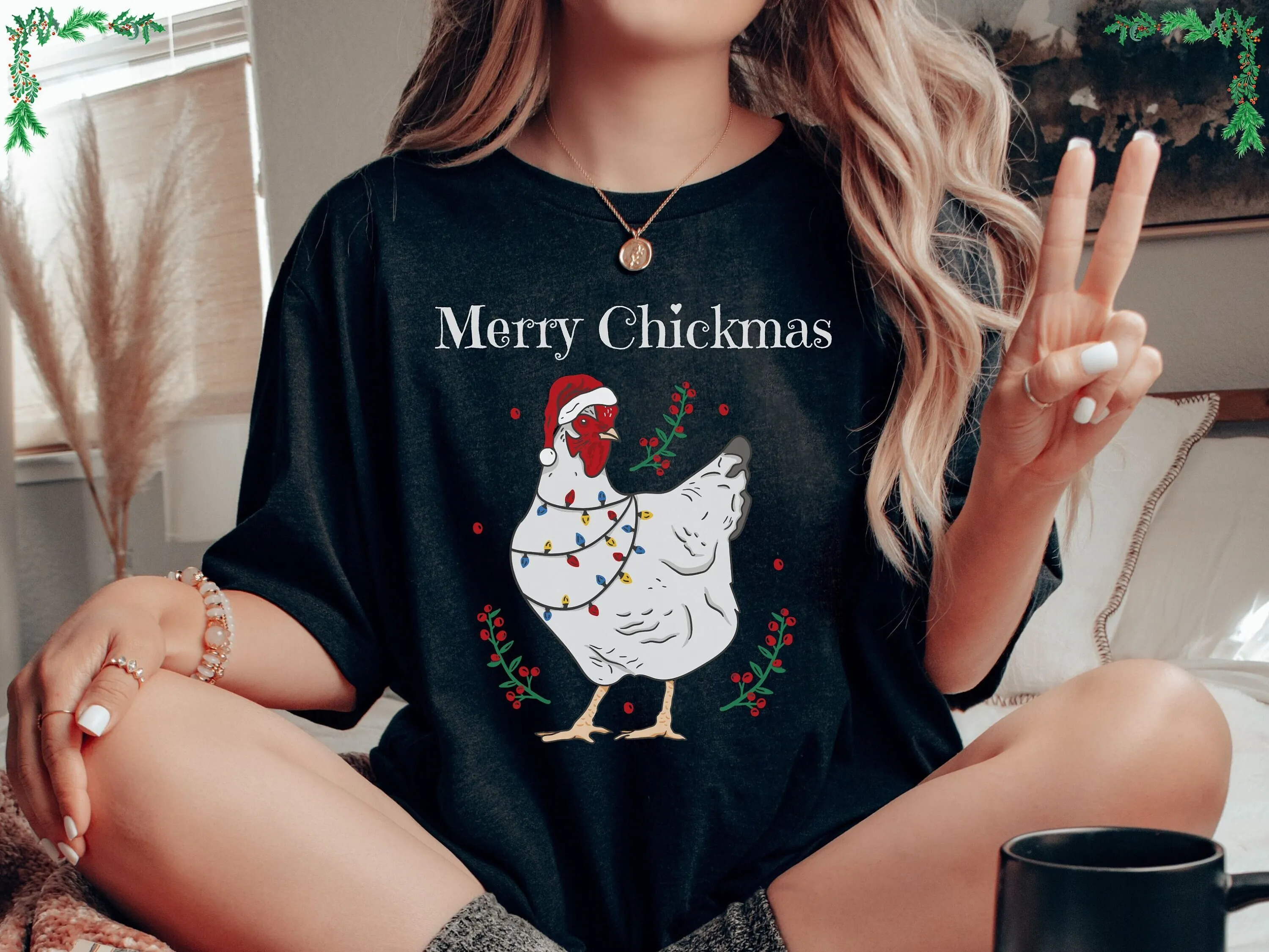 

Chicken Christmas T Shirt Holiday Xmas Women Girlfriend Mom Lights Merry Chickmas Lady