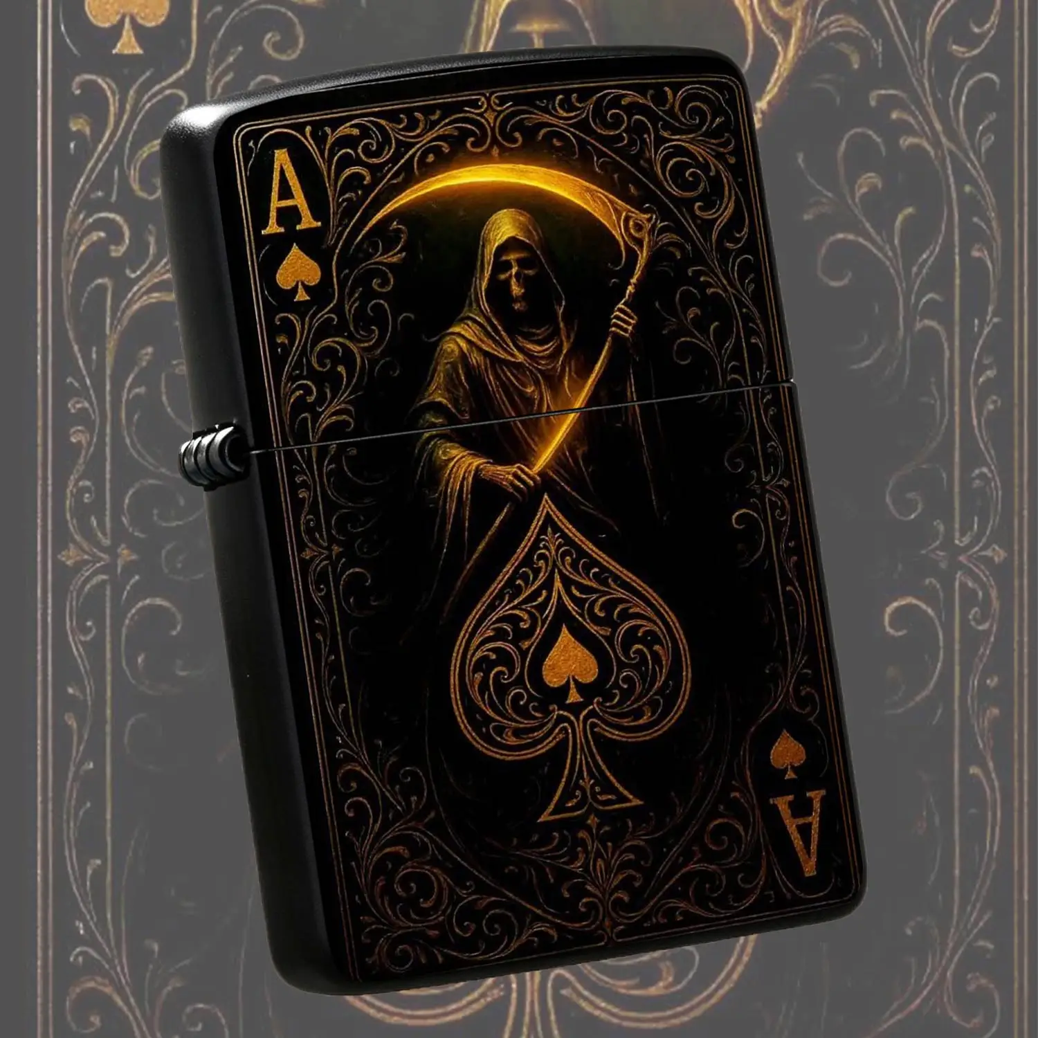 Retro Grim Reaper Ace Of Spades Themed Lighter, Exquisite Gold Foil Engraved Art Stylish Accessory, Portable Versatile Daily Use Ignition Tool, Unique Creative Present For Party Travel Gatherings All Scenarios A Humorous And Interesting Lig