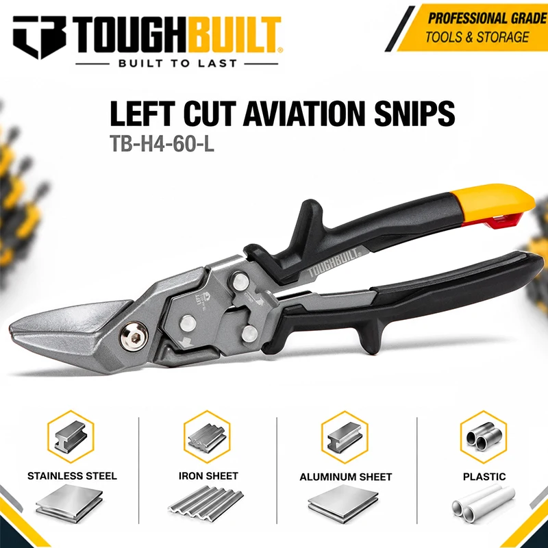 TOUGHBUILT TB-H4-60-L Left Cut Aviation Snips, One-Hand Locking Design, Fast & Convenient Metal Cutting Hand Tool