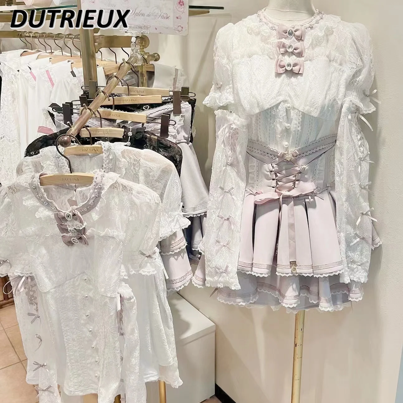 Japanese Style Popular Soft Girl Cute All-matching Tops Mine Mass-Produced Sweet Bow Short Oversleeves Lace Shirt for Women