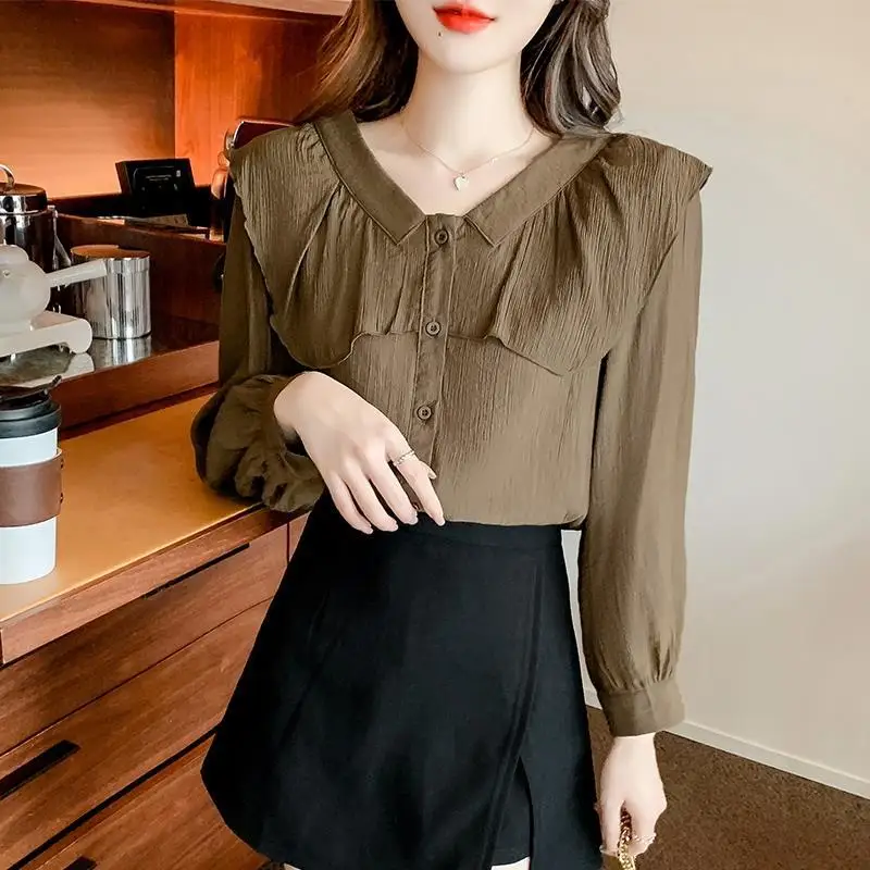 Women\'s Clothing Korean Fashion Ruffle Sweet Shirt Vintage Elegant Long Sleeve Blouse Female Solid Loose Chic Tops Casual Blusas