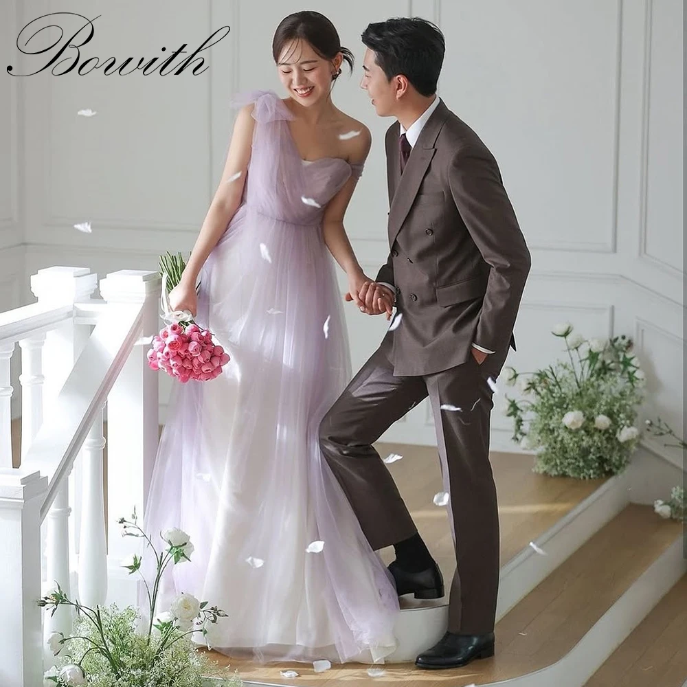 

Bowith One-Shoulder Purple Korean Wedding Dresses Customized Satin and Soft Tulle Bridal Gown for Photo Shoot