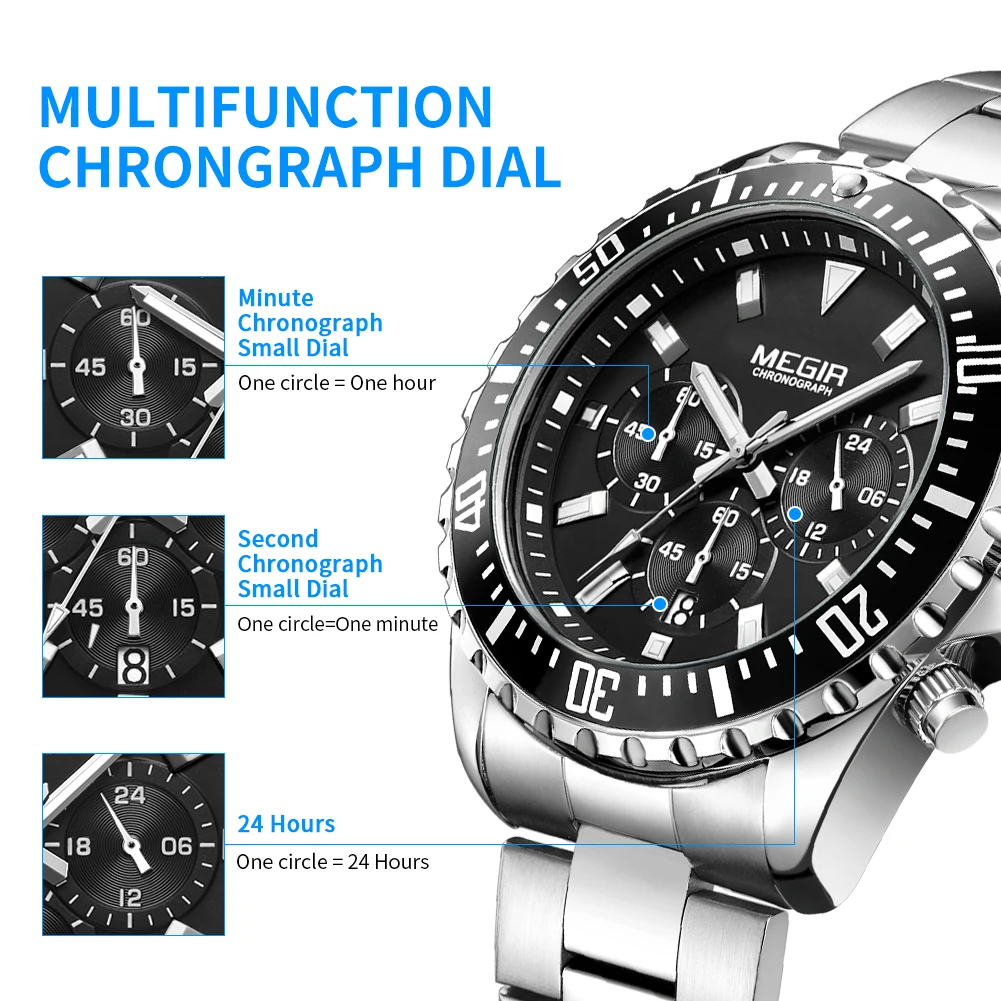 MEGIR Original Luxury Men Business Quartz Watches Stainless Steel Chronograph Military Wristwatch Clock Relogio Masculino 2064