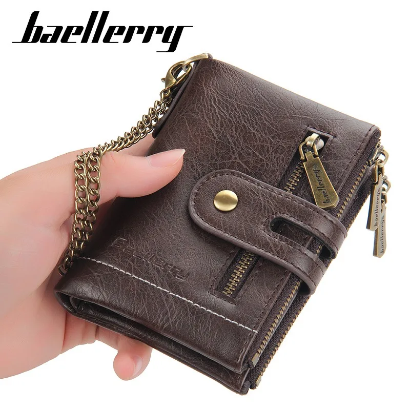 Baellerry Business Wallet Double Zipper Chain Triple Fold Multi-Card Men's Short Card Clip Large Capacity Fashion Coin Bag
