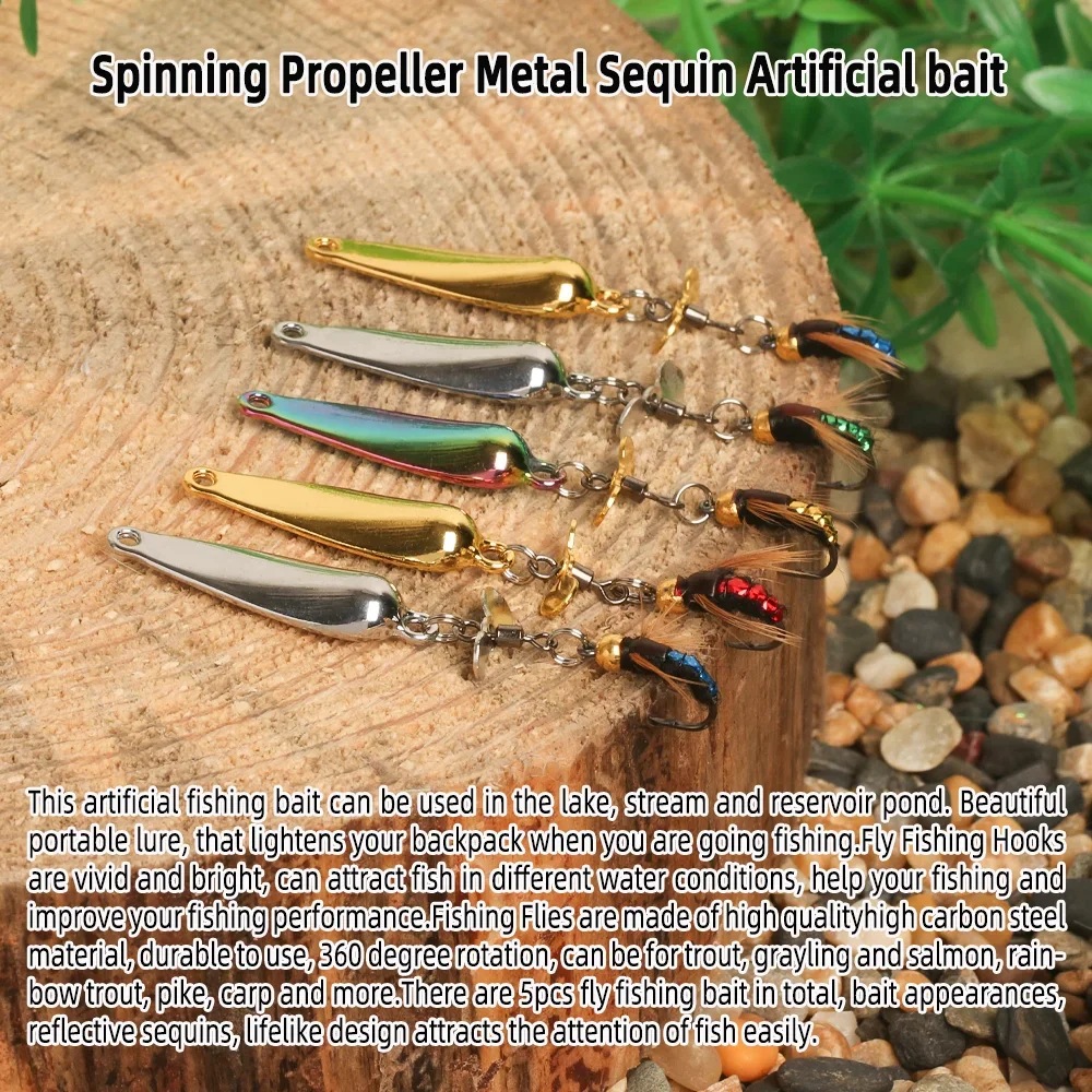 Vampfly 1pc/5pcs Spinning Propeller Metal Sequins Insect Bait Fly Fishing Flies Trout Bass Sunfish Perch Fishing Lure Baits