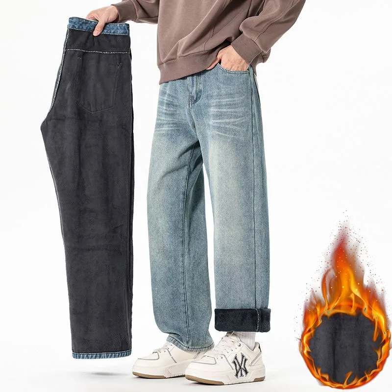 

Зимние толстые мужские джинсы на флисовой подкладке, свободные прямые повседневные хлопковые джинсовые брюки, модные японские мужские плюшевые брюки в стиле ретро