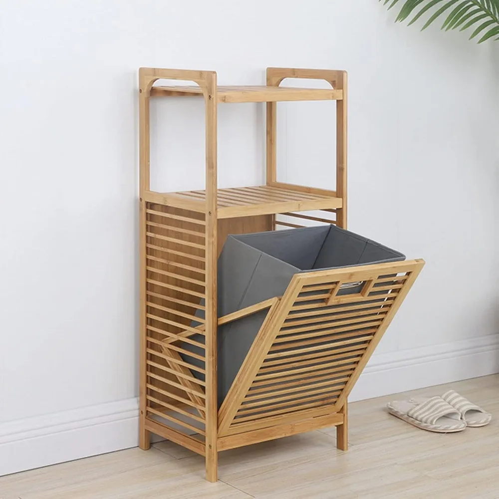 

Laundry Hamper Bathroom Tilt-out Laundry Hamper Bamboo Tower Hamper Dirty Clothes Basket with 2-Tier Storage Shelves