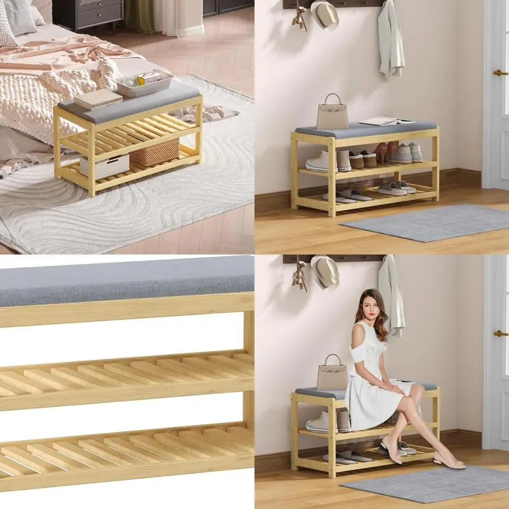 

Natural Solid Wood Shoe Bench with Storage and Cushion, 3-Tier Entryway Organizer for Home