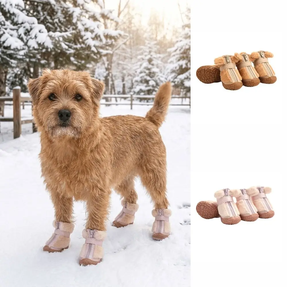 4 PCS/SET Lined Winter Dog Snow Boots Thickened Warm Dog Cotton Shoes Comfortable Soft Bottom Anti-Slip Dog Shoes Outdoors