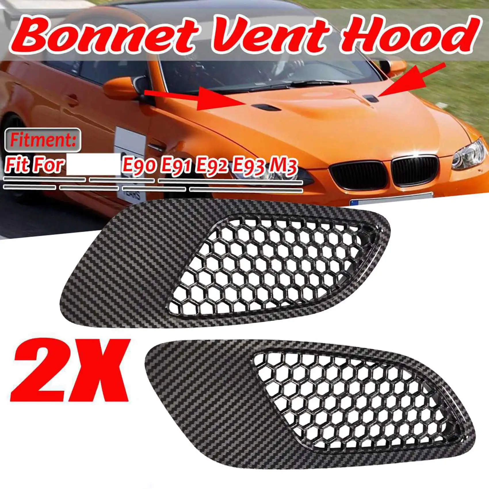 2PCS Engine Hood Vent Louvers Air Scoop Bonnet Vent Cover For-BMW E90 E91 E92 E93 M3, Carbon Fiber Pattern