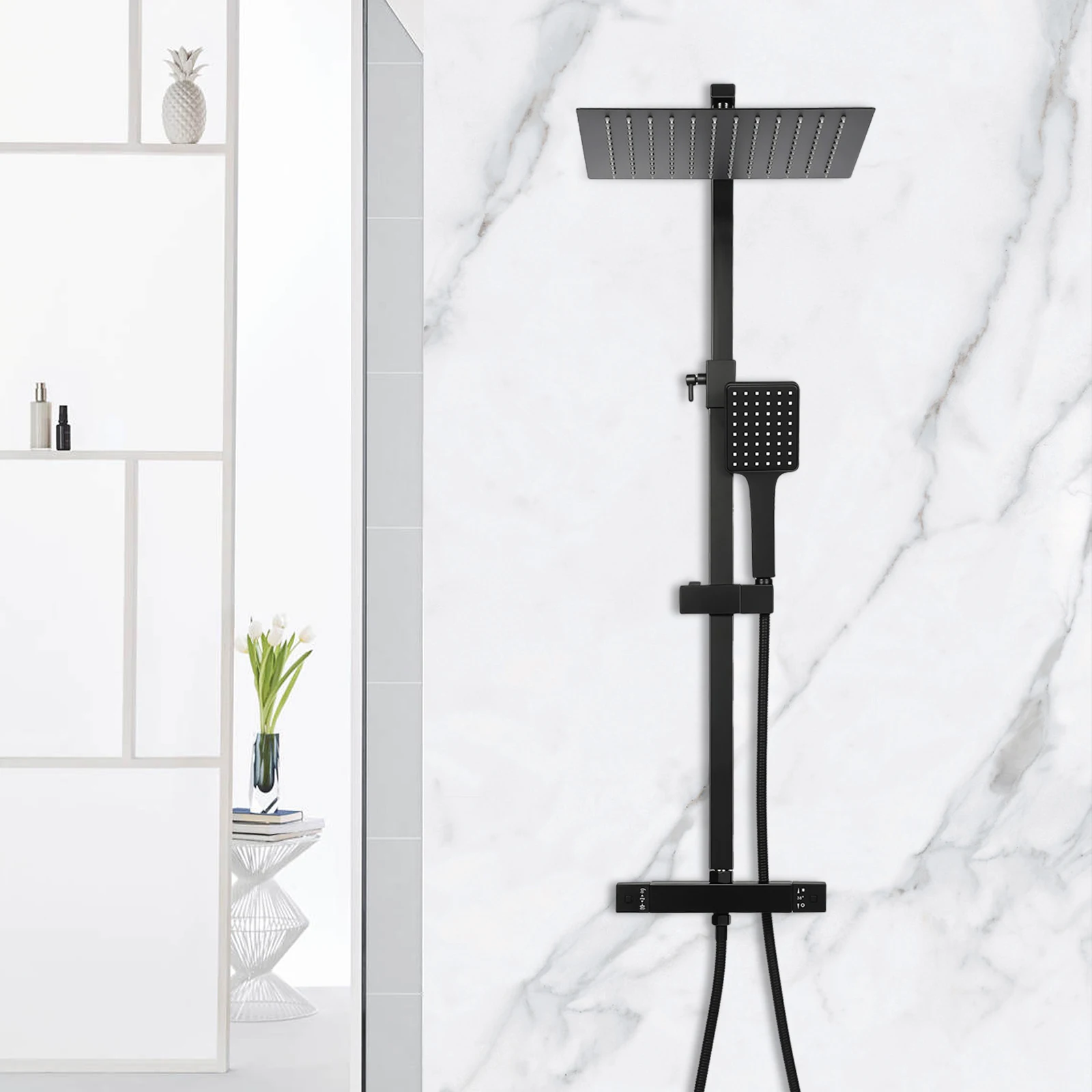 Black Square Shower Set With Three Functions Thermostat Overhead Shower and Hand Shower Ceramic Cartridge 12 Inch