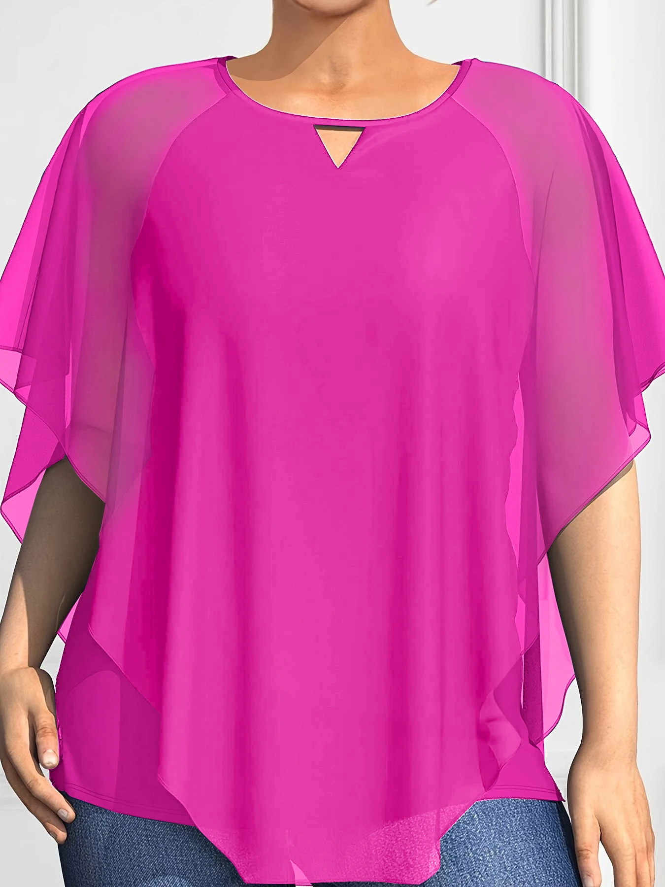 Blusa de gasa de talla grande para mujer, Top holgado con cuello redondo y manga de murciélago, ropa informal para verano, 2024