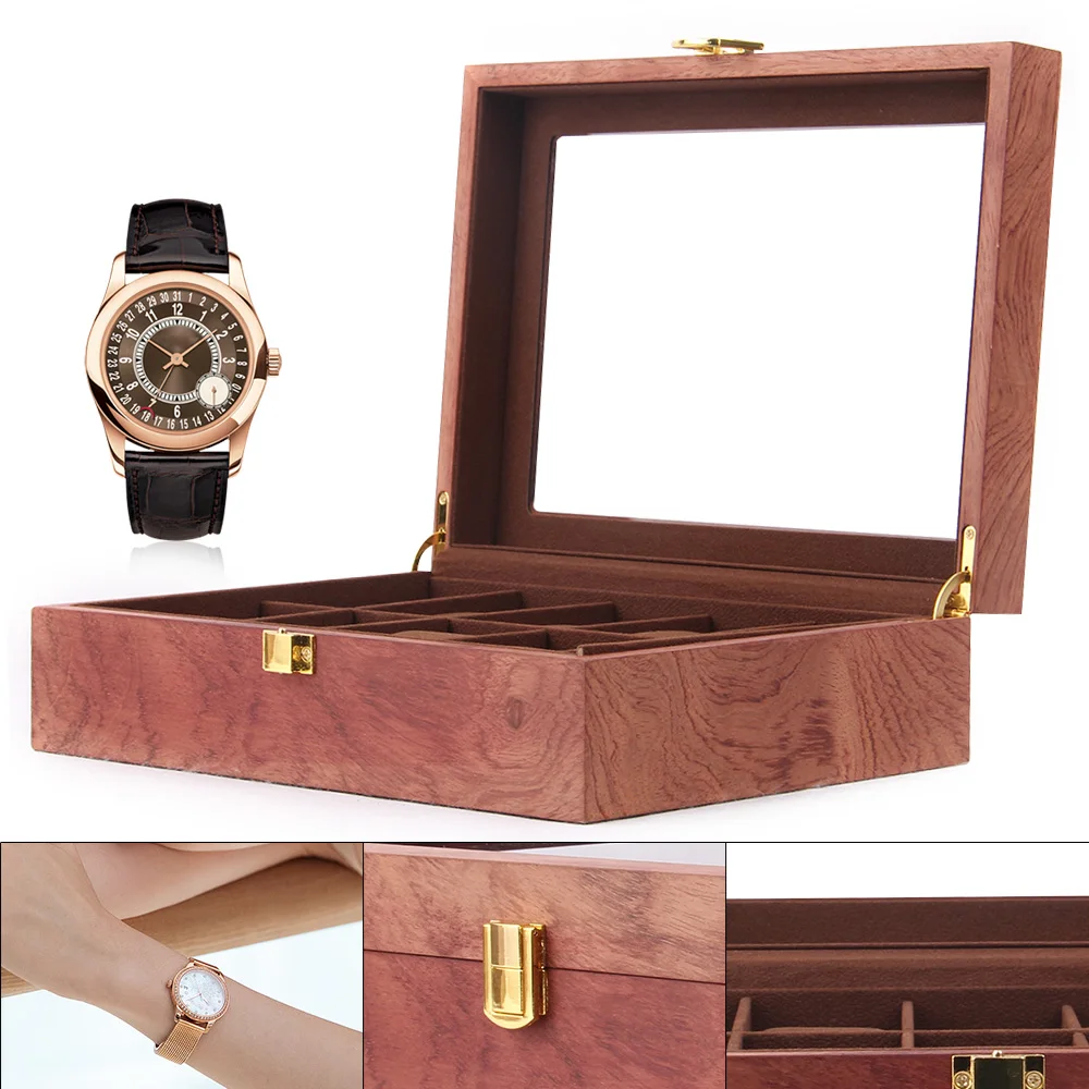 10 Solid Wood Watch Box with Red Pear Colored Grid Groove, Display Cabinet, Wooden Glass Watch Display Storage Box