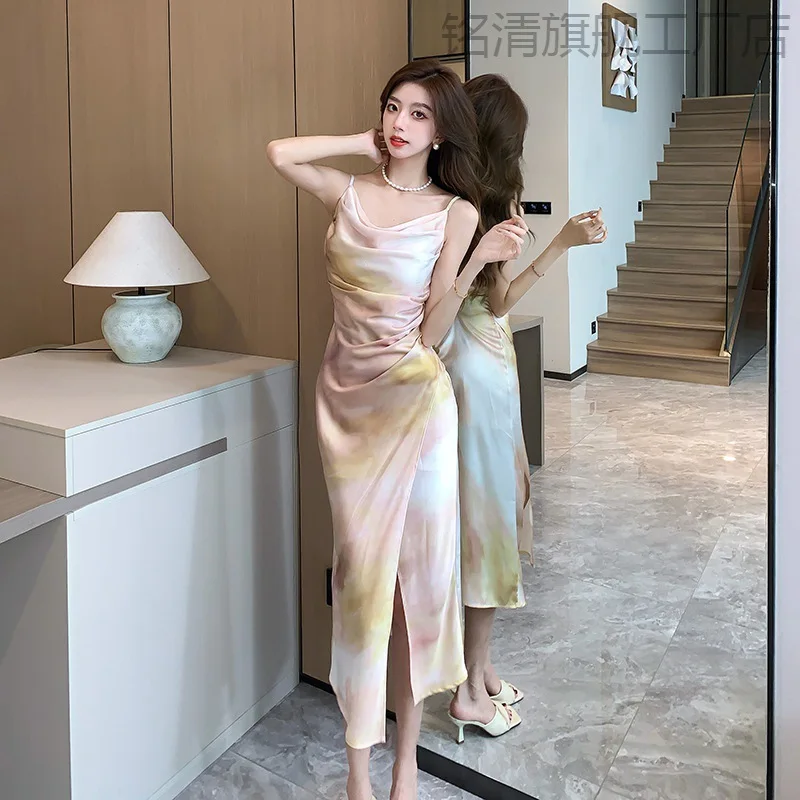 

French Minority Exquisite Elegant Gentle Temperament Dress Slit Satin Swing Collar Printed Suspender Skirt