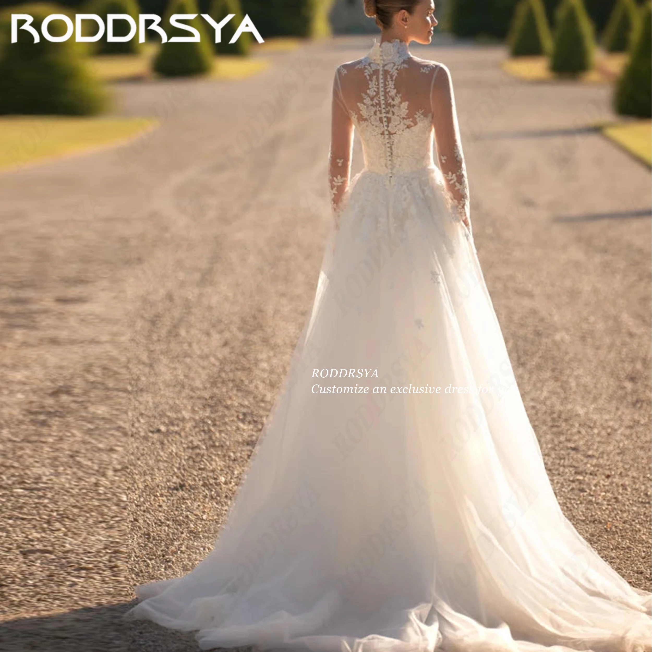 RODDRSYA 2026 Lace Applique Tulle Wedding Dress Illusion High Neck Bride Dresses Long Sleeve A Line Bridal Gown Custom Made