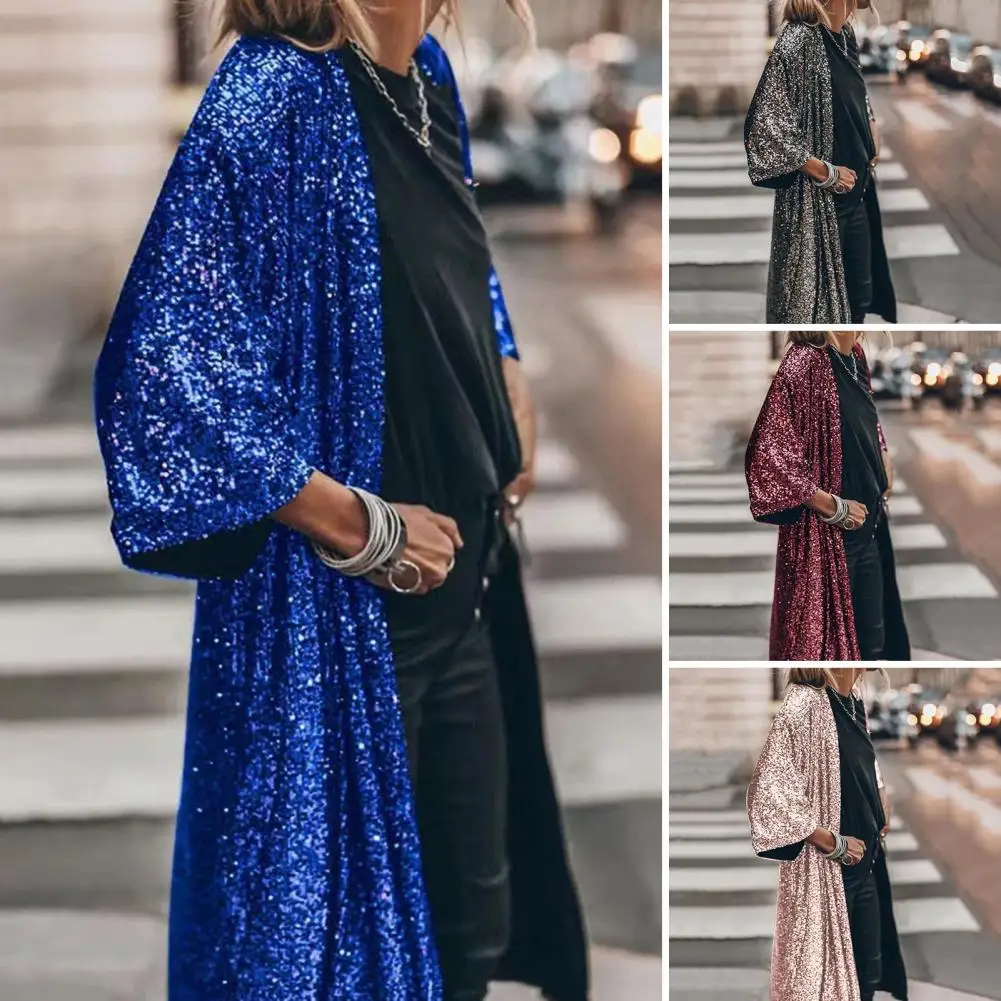 Sparkly Sequin Cardigan Sparkling Sequin Women's Cardigan Coat for Parties Daily Wear Mid Length Three Quarter Sleeves Jacket