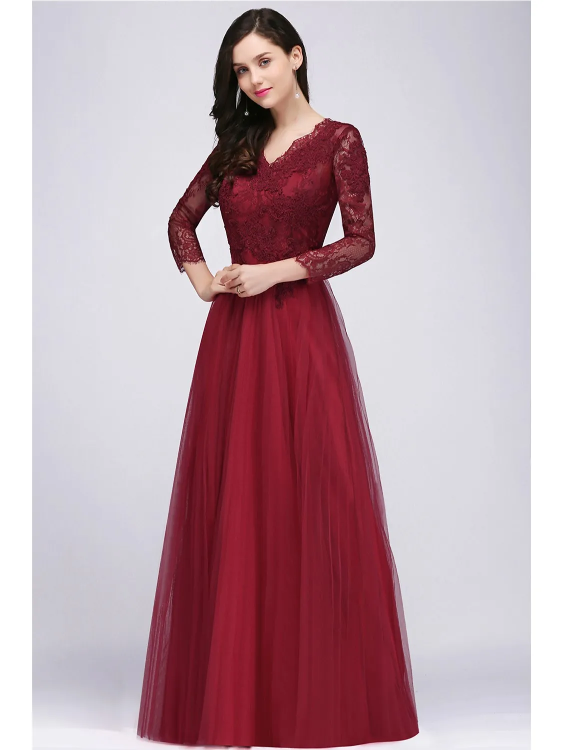 Sexy V Back Tulle Evening Dresses with Linning Burgundy Long Sleeve Lace A Line Female Prom Party Bridesmaid Maxi Gowns