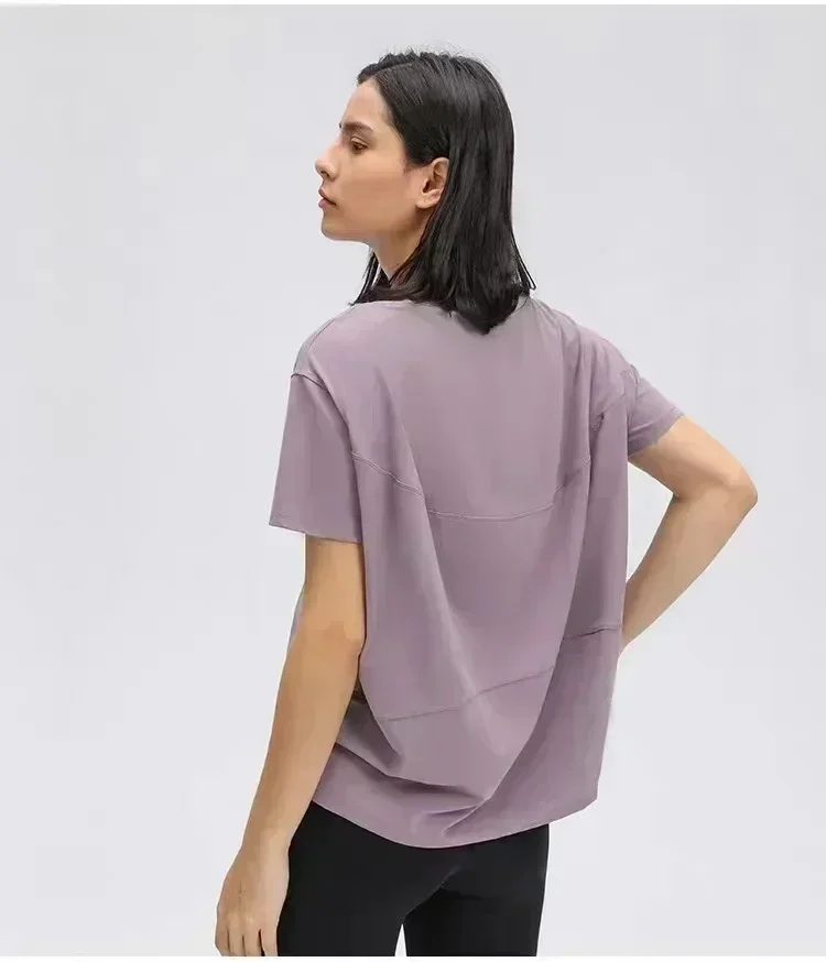 Limão feminino de volta na ação solta camisa de manga curta yoga esporte camiseta esportiva casual respirável ao ar livre jogging blusa topo