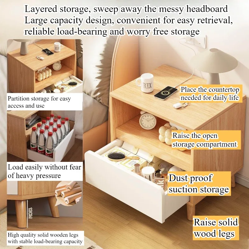 白いベッドサイドテーブル 引き出し付きベッドルーム収納キャビ - Solid Wood Nightstand 2 Drawers のレビューと価格