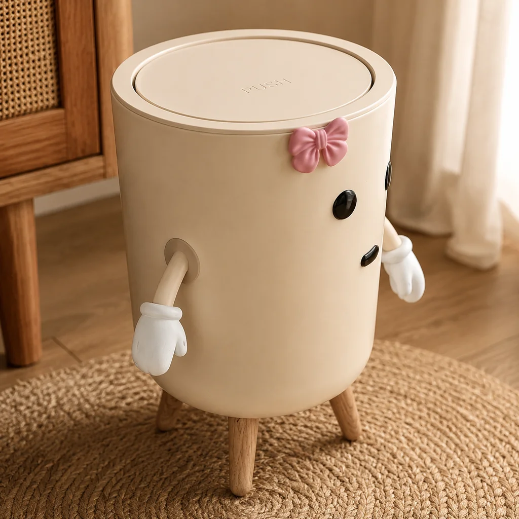 Aesthetic Cute Character Trash Bin with Bow‑Knot, Press‑Top Lid Plastic Garbage Can, Lovely Decor Waste Bucket for Bedroom Dorm