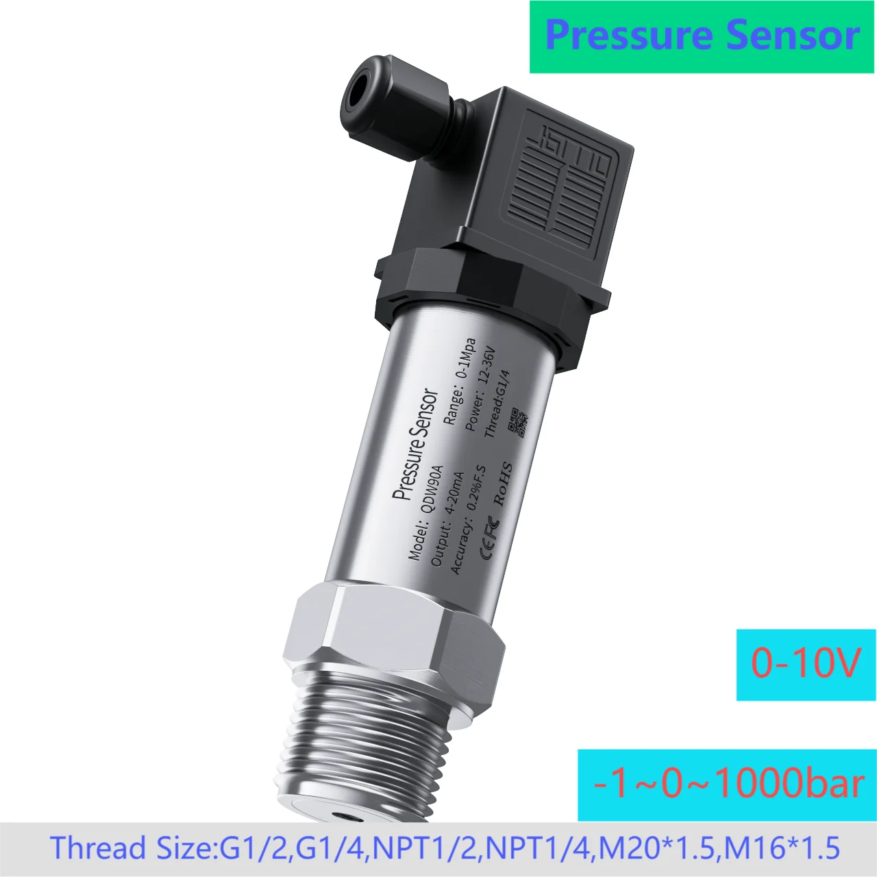 

0-10V pressure transmitter sensor 0-5bar 1bar 5bar 10bar pressure transducer hydraulic 0-50bar 100bar 200bar sensor G1/2 G1/4