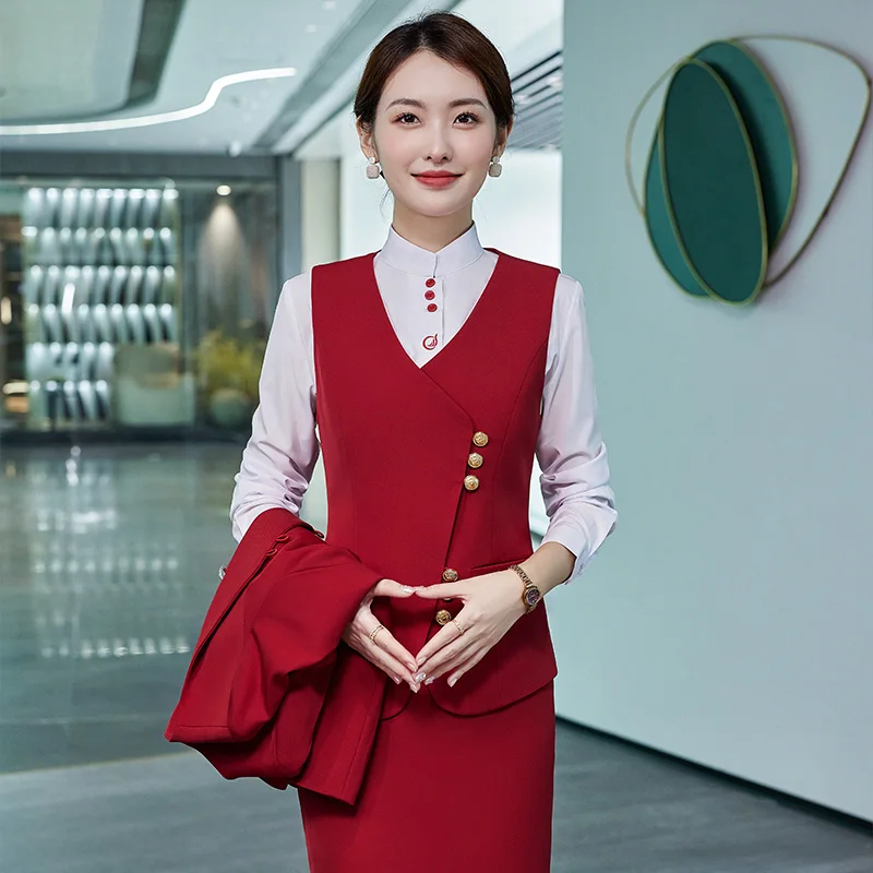 Good quality custom logo women vest pant skirt Style stewardess flight attendant uniform with hats flight attendants uniform