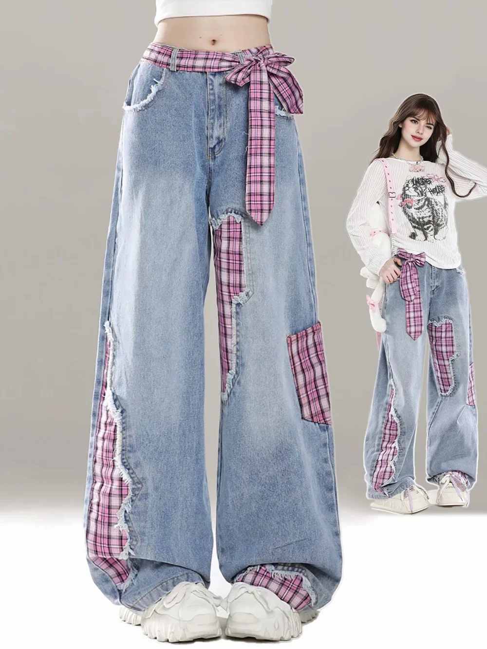 2024 Women Fall Winter y2k Kawaii Patchwork Plaid Jeans Cutecore Pink Pants Coquette Aesthetics Japanese 2000s Style Clothes