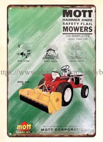 garage signs Mott Corporation Hammer-Knife Flail Mower metal tin sign