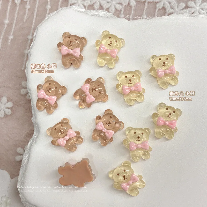 5pcs/bag Ice Through Resin Cartoon Bear Nail Art Charms 3D Cute kawaii Bow Tie Bear Nail Decoration Accessories DIY Manicure