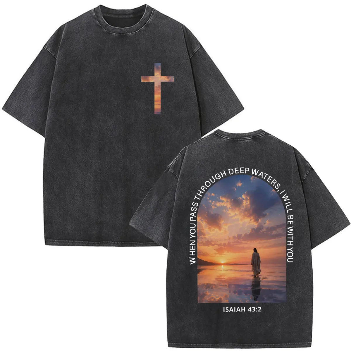 Washed Christian Jesus Vintage T-Shirt When You Pass Through Deep Waters I Will Be with You T-shirts Unisex Loose Cotton Tees