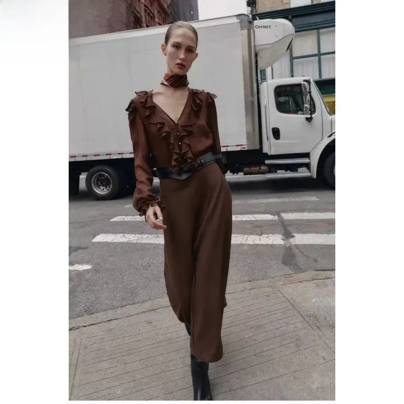 Vestido Midi Elástico con Cinturón y Decoración en Capas, Nueva Moda Otoño 2025, Ropa de Mujer, Traje Étnico para Escenario