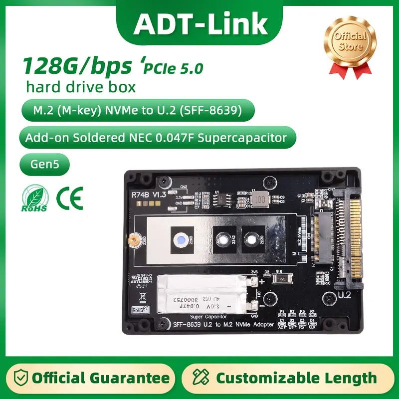 

ADT-Link PCIe 5,0 М. 2 (M-ключ) Корпус жесткого диска NVMe to U.2 (SFF-8639) с суперконденсатором NEC 0,047F для пайки Gen5 x4