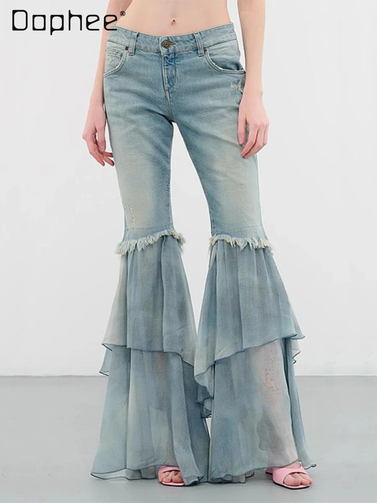 

Women Chiffon Flared Jeans Ruffle Tiered Patchwork Raw Edge Slim Ripped Denim Pants Fashion Personality Casual Trousers