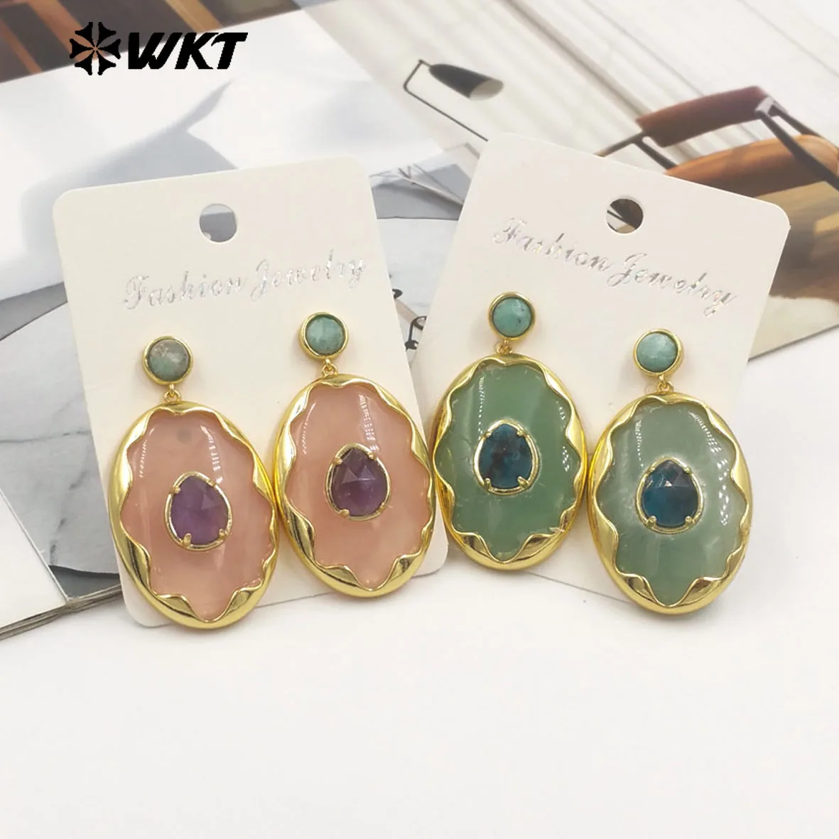 WT-E801 WKT Retro Classic 5Pairs Gemstone Niche-design Special Earring With 18k Real Gold Plated For Women Jewelry