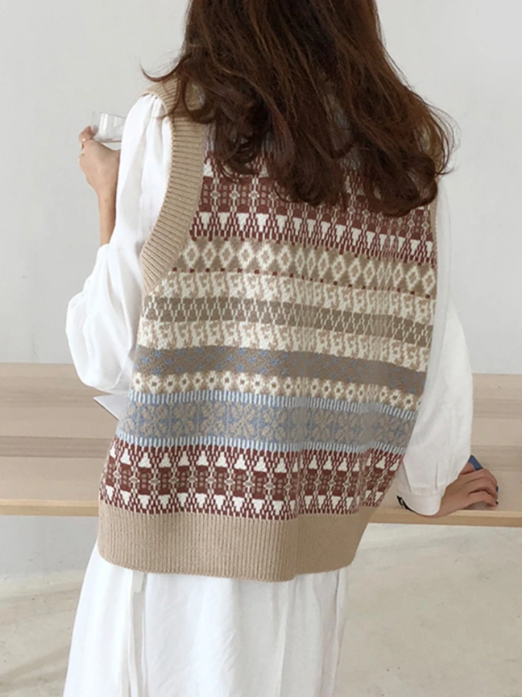 Knitted Sweater Vests Women Preppy All-match Age-reducing Korean Fashion Baggy Casual Spring Autumn Outwear Vintage Striped Ins