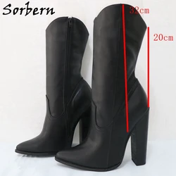 Sorbern Unisex Plus Size Low Calf Boots For Women Pointy Toes Block High Heel 16Cm Side Zipper Footwear Custom Colors