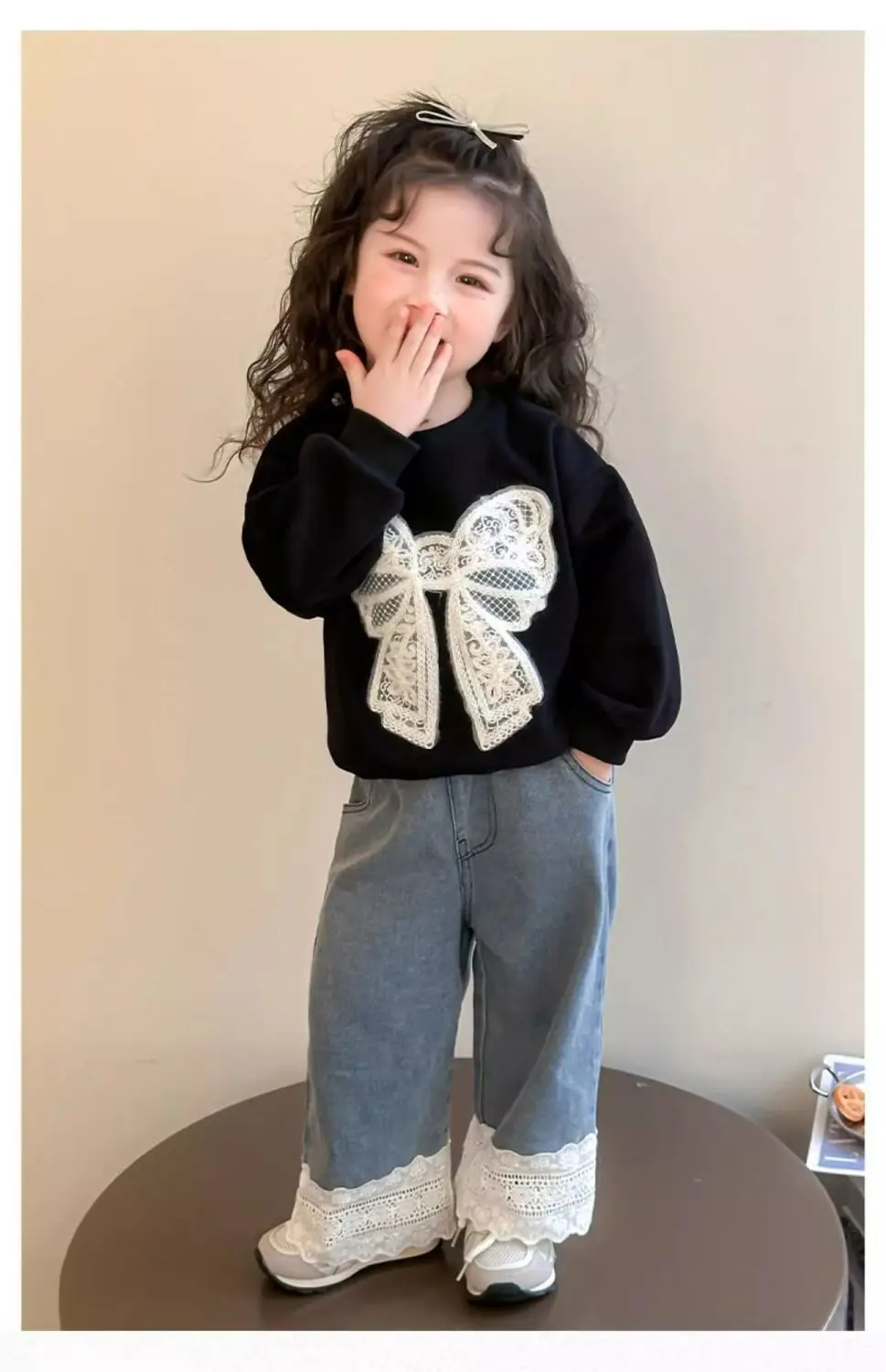 Kleinkind Mädchen Sweatshirt mit Großer Spitze und Schleife Lässiger Baumwoll-Pullover mit Punkten für Kleinkinder Rundhals Langarm Oberteil Kinderkleidung – Detail 19