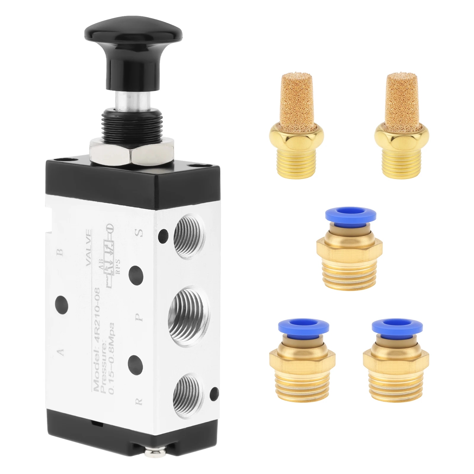 1/4 BSPT 5 Way 2 Position Pneumatic Manual Control Air Hand Lever Valve with PC6-02 Muffler Push-Pull 4R210-08 Solenoid Valve