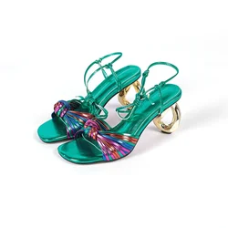 2024 Brand Colored Braided Sandals 34-43 Square Head Knotted Button Women's Shoes Banquet Sexy Wrapping 7cm Shaped Heel Sandals