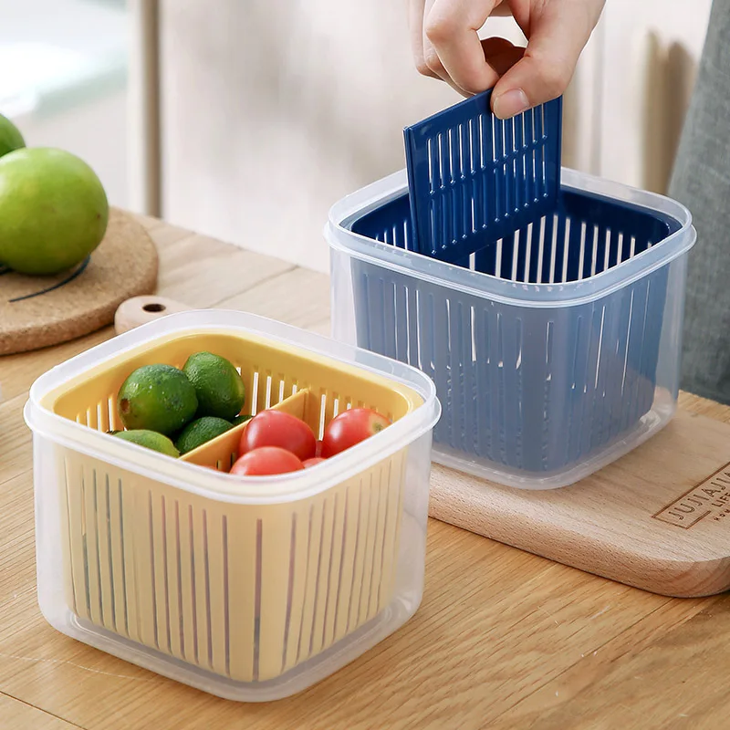 2 grades de alimentos frutas legumes caixa de armazenamento cozinha gengibre alho com cesta de drenagem para cozinha fresco-mantendo alimentos storage1pc