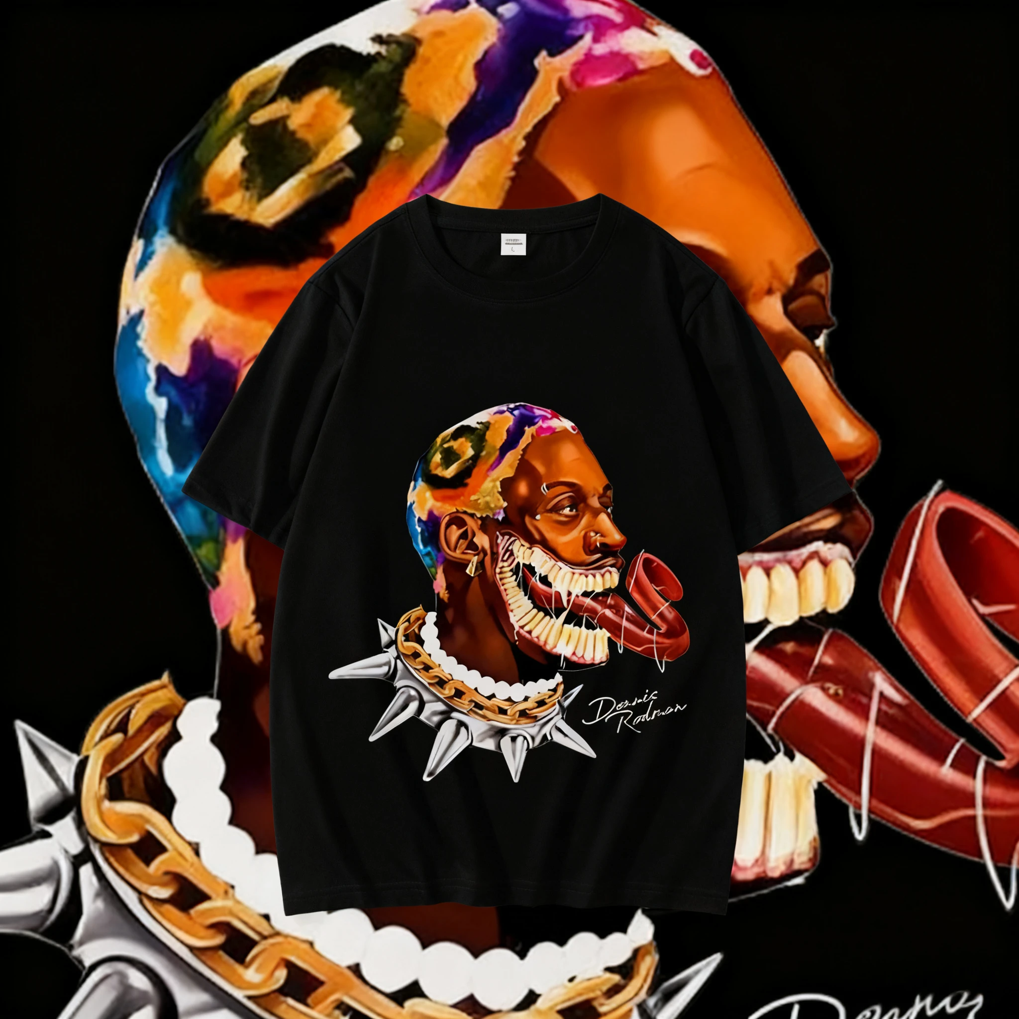 2025 الصيف الرجال المطبوعة كرة السلة تي شيرت ، المتضخم القطن الخالص تي شيرت مطبوع الهيب هوب نمط الشرير موضة علة دينيس رودمان #1