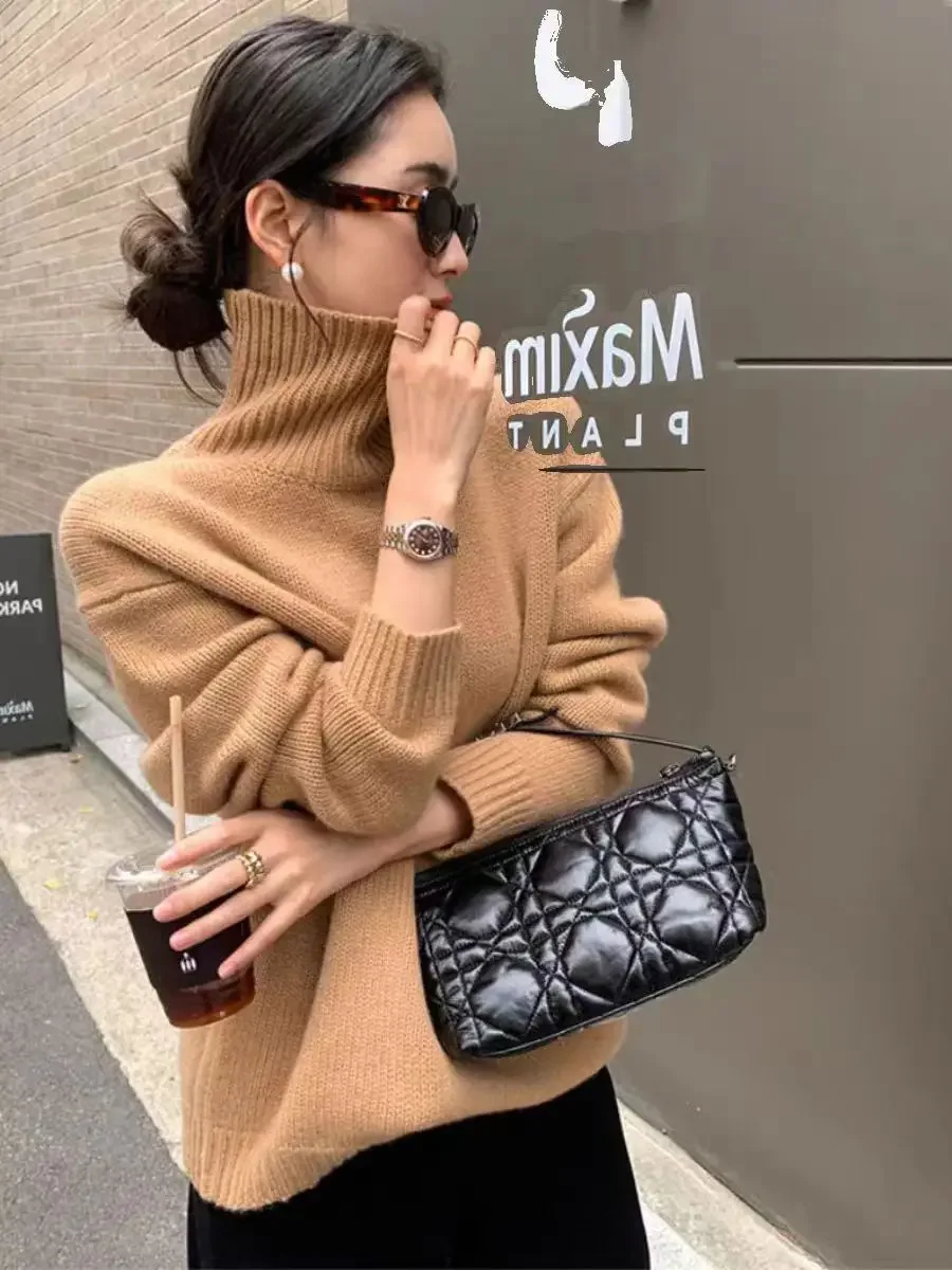 24 Autumn and Winter 100 Cashmere Sweater Women's High Neck Drop Shoulder Sleeve Loose Thick Pure Color Pullover Knit Underwear