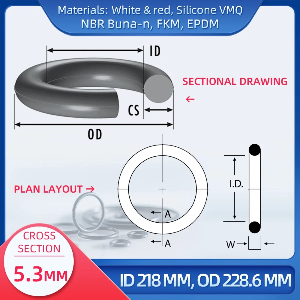 O Ring CS 5.3 mm ID 218 mm OD 228.6 mm Material With Silicone VMQ NBR FKM EPDM ORing Seal Gask