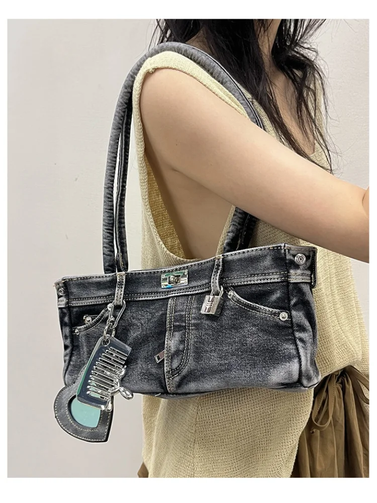 

Женская потертая джинсовая сумка в стиле панк, модные джинсы с плечевым ремнем, сумка на одно плечо, сумка через плечо с несколькими карманами по диагонали