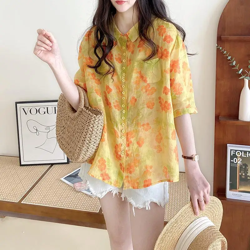 Vintage Printed Lapel Button Loose Floral Shirts Women\'s Clothing 2024 Summer New Oversized All-match Tops Office Lady Blouses