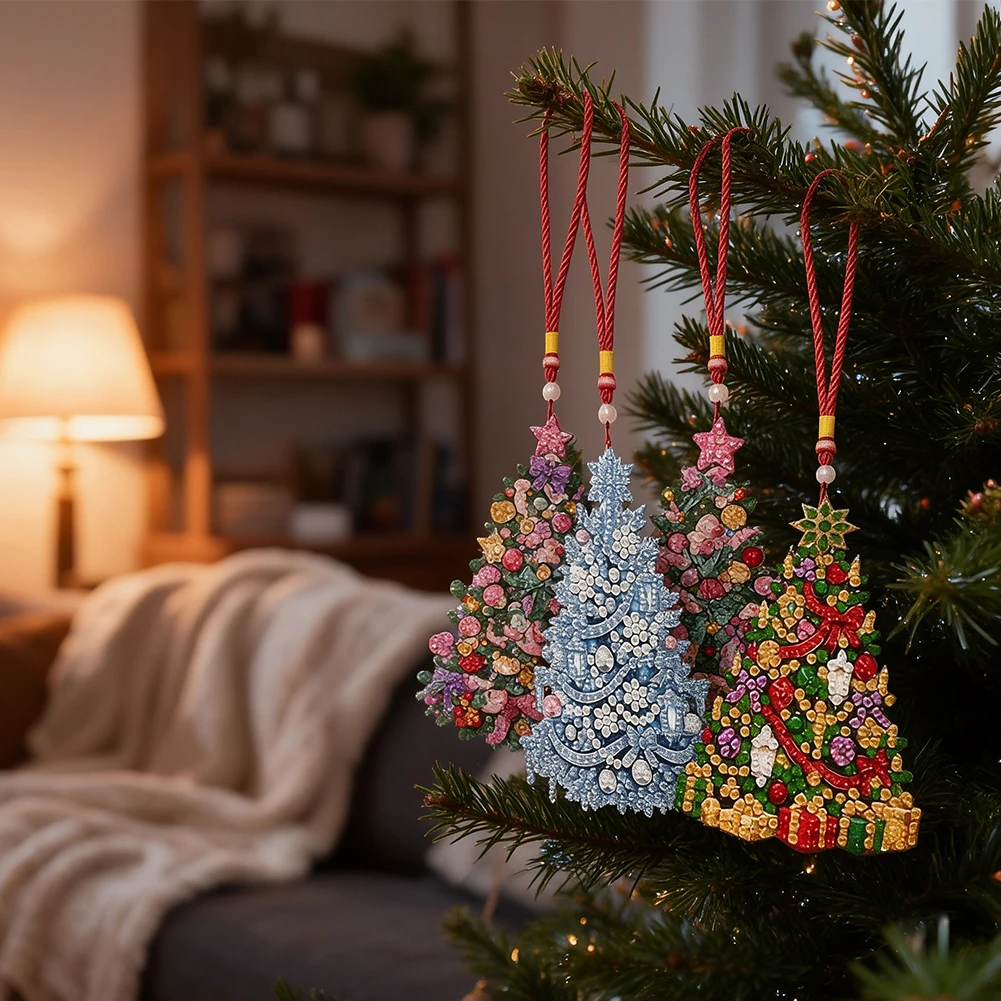 4Pcs 2D Sparkling DIY Christmas Tree Ornaments Kit For Holiday Home Decor, Diamond=Painting Pendant Set For Family Fun And Gifts